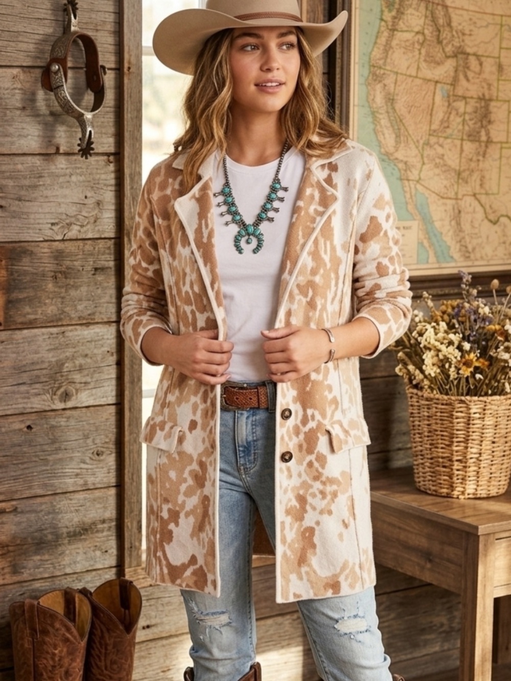 Anthropologie Cracker Jacquard Longline Blazer Cardigan Sweater Cow Print XS